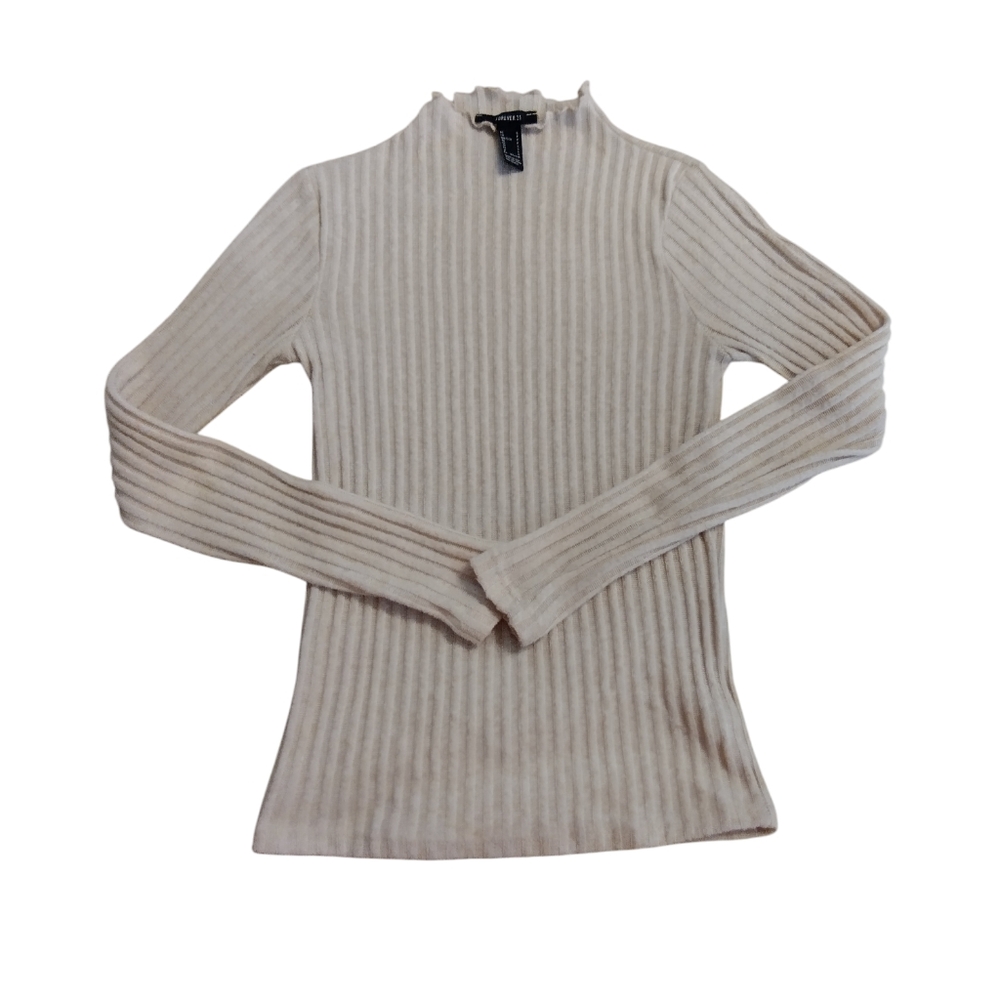 Forever 21 Cream Ribbed Long-Sleeve Mock Neck Top